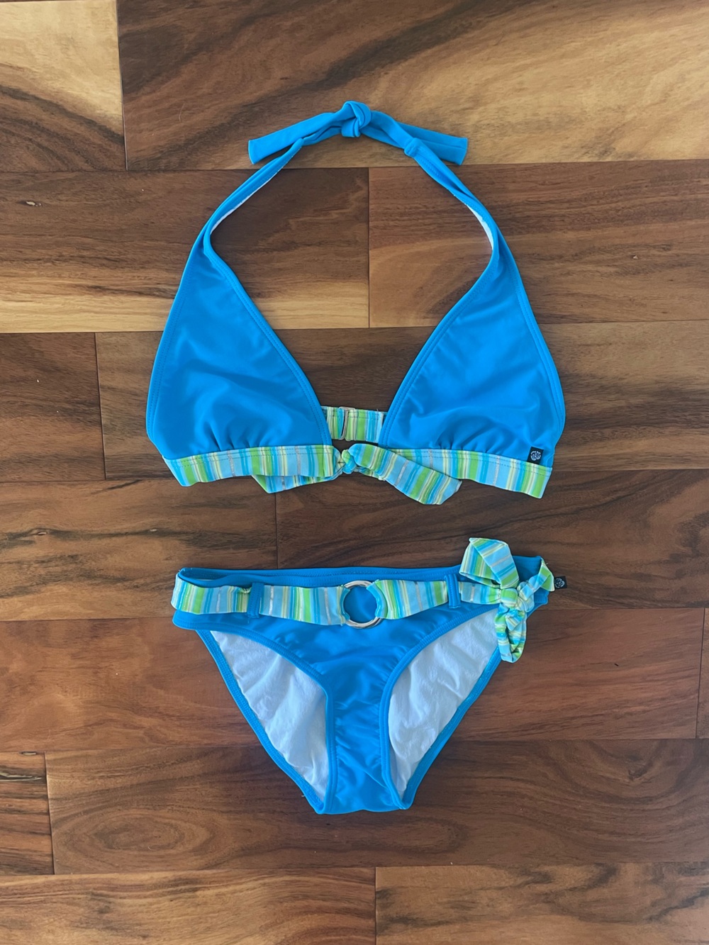 La Vie En Rose Blue Bikini with Green and Yellow Stripe Trim